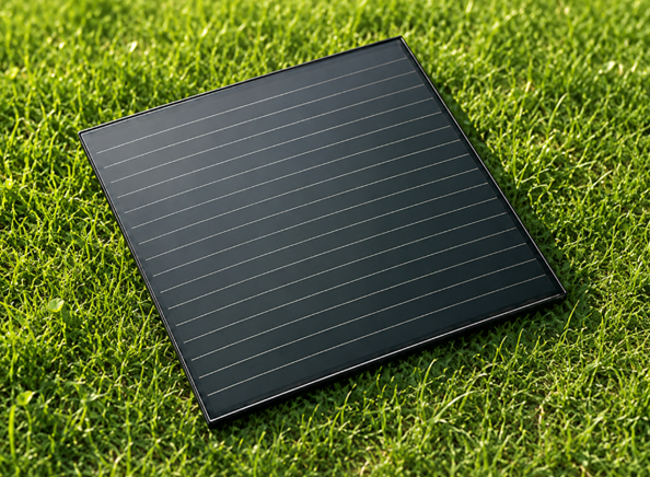 Square solar panel lying on grass