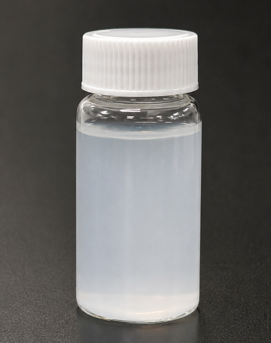 Clear bottle with cloudy liquid and white cap