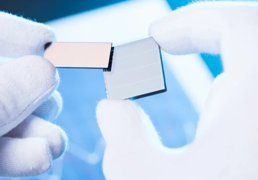 Gloved hands holding small electronic component
